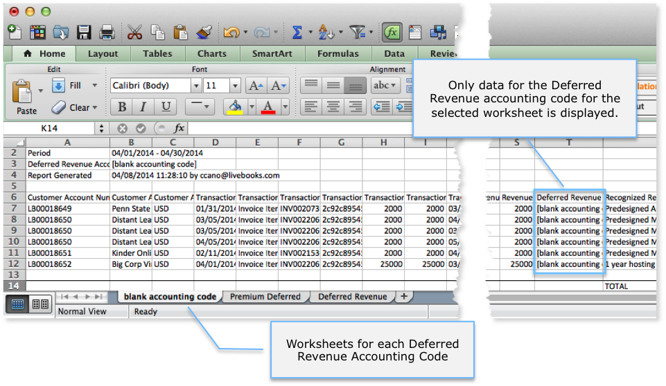 Deferred Revenue worksheets for Data Exported to .xlsx File Format
