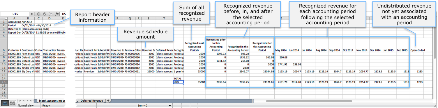 Example of the Accounting Period Revenue Detail Report exported as an Excel Spreadsheet