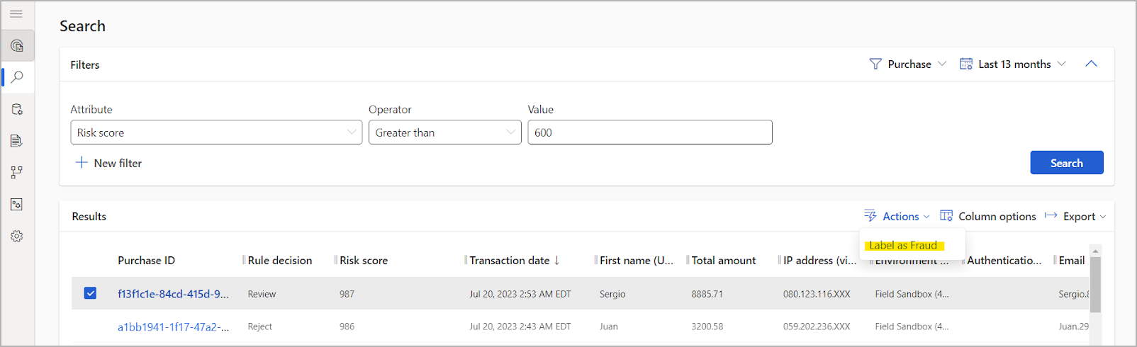 Label transaction on search page